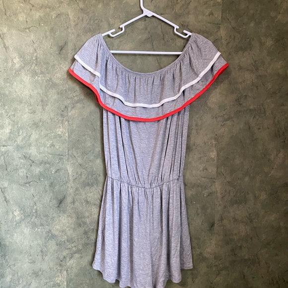 Sun N Moon Grey Red Trim Off Shoulder Romper - Picture 7 of 8